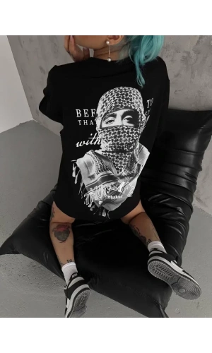 Unisex Baskılı Oversize T-Shirt - Siyah