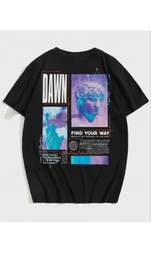 Unisex Baskılı Oversize T-Shirt - Siyah