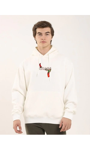 Unisex Baskılı Oversize Üç İplik Kapüşonlu Sweatshirt - Beyaz