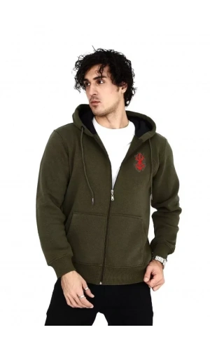 Unisex Baskılı Tam Fermuarlı Kapşonlu SweatShirt - Haki