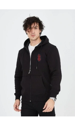 Unisex Baskılı Tam Fermuarlı Kapşonlu SweatShirt - Siyah