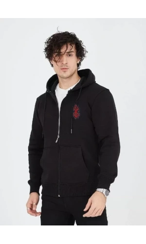 Unisex Baskılı Tam Fermuarlı Kapşonlu SweatShirt - Siyah