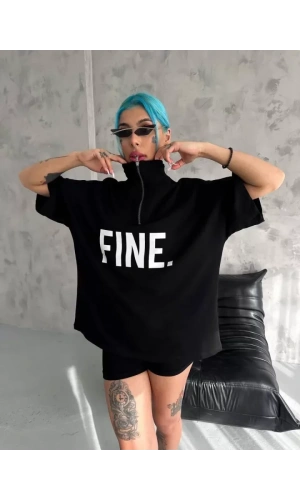 Unisex Baskılı Yarım Fermuarlı T-Shirt - Siyah