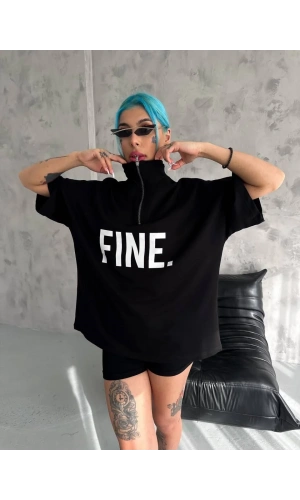 Unisex Baskılı Yarım Fermuarlı T-Shirt - Siyah