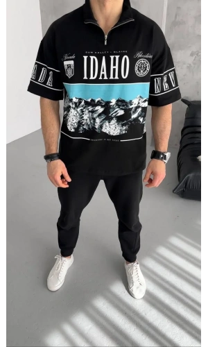 Unisex Baskılı Yarım Fermuarlı T-Shirt - Siyah