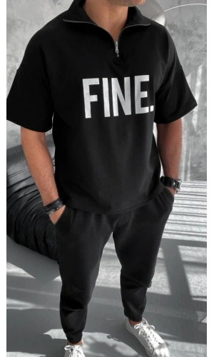 Unisex Baskılı Yarım Fermuarlı T-Shirt - Siyah