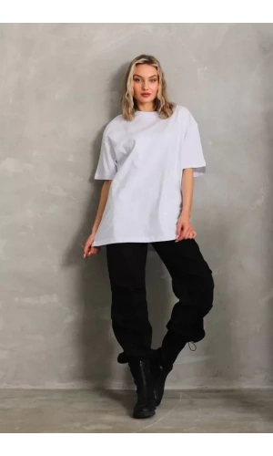 Unisex Bisiklet Yaka 20/1 Düz Oversize T-Shirt - Beyaz
