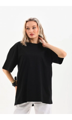 Unisex Bisiklet Yaka 20/1 Düz Oversize T-Shirt - Siyah