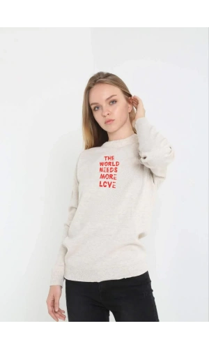 Unisex Bisiklet Yaka Baskılı Dokuma Triko - Bej