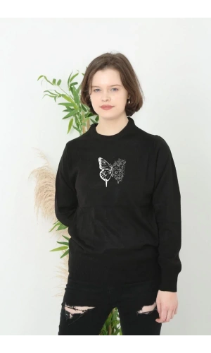 Unisex Bisiklet Yaka Baskılı Dokuma Triko - Siyah