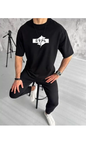 Unisex Bisiklet Yaka Baskılı Double Oversize T-Shirt - Siyah