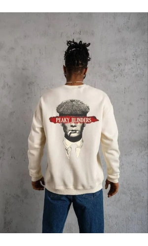 Unisex Bisiklet Yaka Baskılı Oversize Sweatshirt - Beyaz