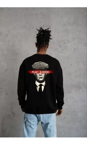 Unisex Bisiklet Yaka Baskılı Oversize Sweatshirt - Siyah