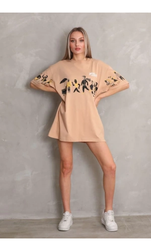 Unisex Bisiklet Yaka Baskılı Oversize T-Shirt - Bej