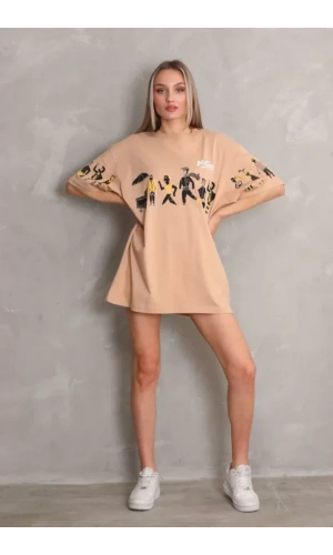 Unisex Bisiklet Yaka Baskılı Oversize T-Shirt - Bej