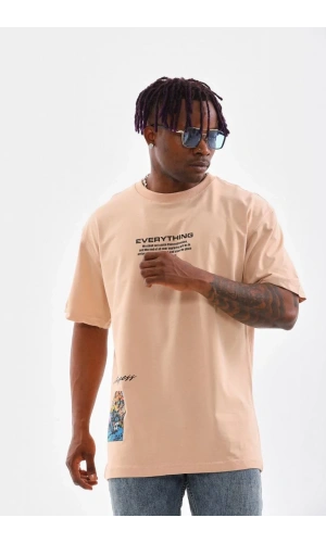 Unisex Bisiklet Yaka Baskılı Oversize T-Shirt - Bej