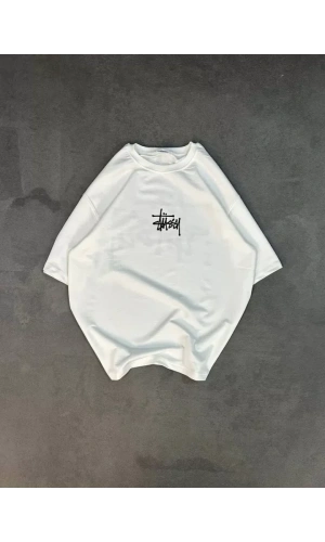 Unisex Bisiklet Yaka Baskılı Oversize T-Shirt - Beyaz