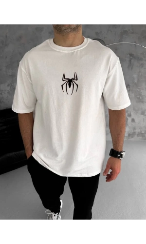 Unisex Bisiklet Yaka Baskılı Oversize T-Shirt - Beyaz