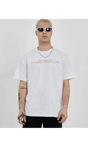 Unisex Bisiklet Yaka Baskılı Oversize T-Shirt - Beyaz