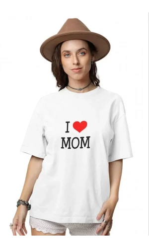 Unisex Bisiklet Yaka Baskılı Oversize T-Shirt - Beyaz