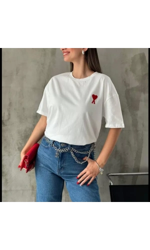 Unisex Bisiklet Yaka Baskılı Oversize T-Shirt - Beyaz