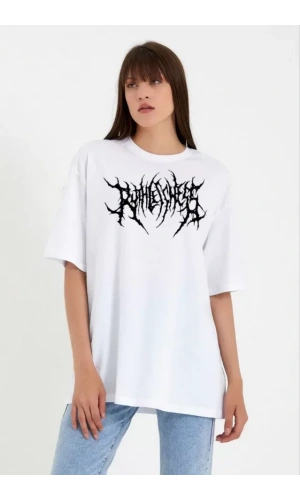 Unisex Bisiklet Yaka Baskılı Oversize T-Shirt - Beyaz