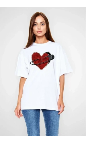 Unisex Bisiklet Yaka Baskılı Oversize T-Shirt - Beyaz