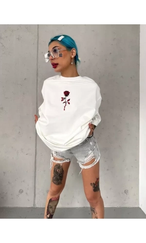 Unisex Bisiklet Yaka Baskılı Oversize T-Shirt - Beyaz