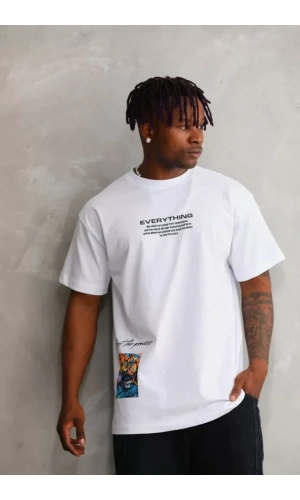 Unisex Bisiklet Yaka Baskılı Oversize T-Shirt - Beyaz