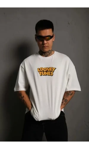Unisex Bisiklet Yaka Baskılı Oversize T-Shirt - Beyaz