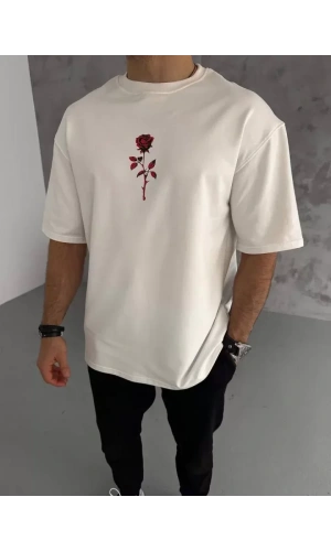 Unisex Bisiklet Yaka Baskılı Oversize T-Shirt - Beyaz