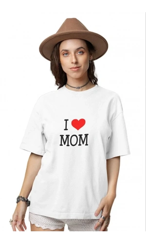 Unisex Bisiklet Yaka Baskılı Oversize T-Shirt - Beyaz