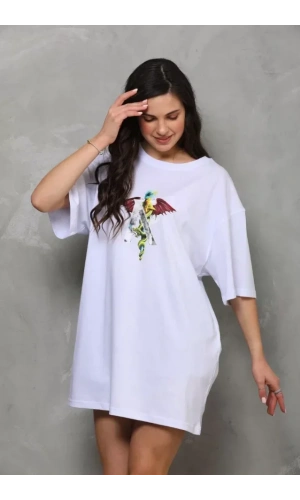 Unisex Bisiklet Yaka Baskılı Oversize T-Shirt - Beyaz
