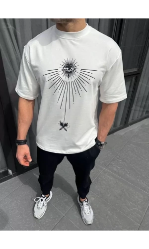 Unisex Bisiklet Yaka Baskılı Oversize T-Shirt - Beyaz