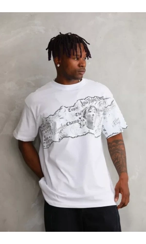 Unisex Bisiklet Yaka Baskılı Oversize T-Shirt - Beyaz