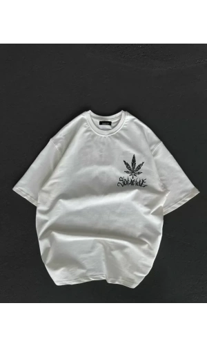 Unisex Bisiklet Yaka Baskılı Oversize T-Shirt - Beyaz