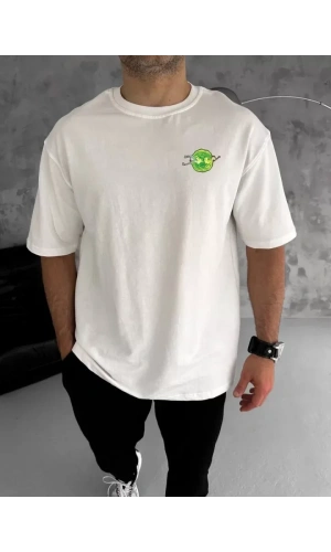 Unisex Bisiklet Yaka Baskılı Oversize T-Shirt - Beyaz