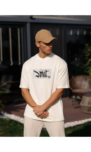 Unisex Bisiklet Yaka Baskılı Oversize T-Shirt - Beyaz