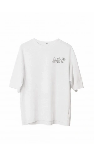 Unisex Bisiklet Yaka Baskılı Oversize T-Shirt - Beyaz