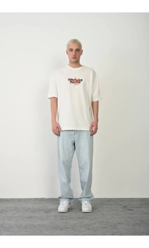 Unisex Bisiklet Yaka Baskılı Oversize T-Shirt - Beyaz