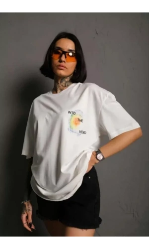 Unisex Bisiklet Yaka Baskılı Oversize T-Shirt - Beyaz