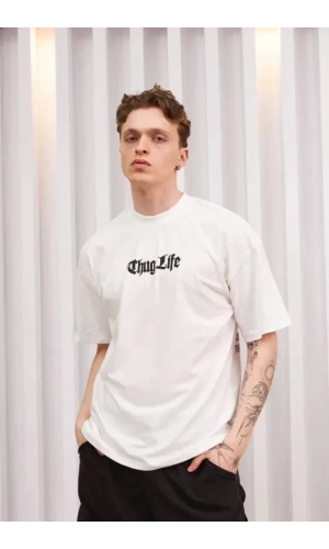 Unisex Bisiklet Yaka Baskılı Oversize T-Shirt - Beyaz