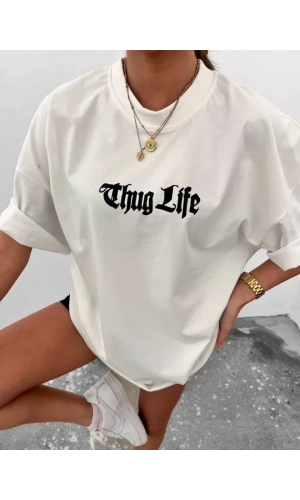 Unisex Bisiklet Yaka Baskılı Oversize T-Shirt - Beyaz