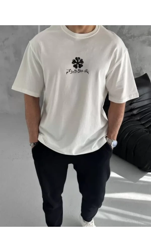 Unisex Bisiklet Yaka Baskılı Oversize T-Shirt - Beyaz