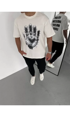 Unisex Bisiklet Yaka Baskılı Oversize T-Shirt - Beyaz