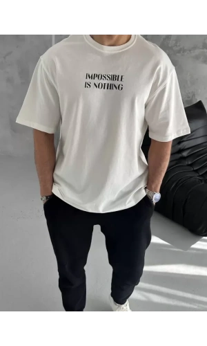 Unisex Bisiklet Yaka Baskılı Oversize T-Shirt - Beyaz