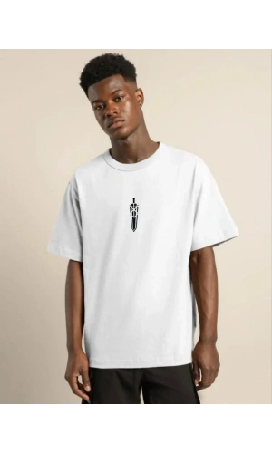 Unisex Bisiklet Yaka Baskılı Oversize T-Shirt - Beyaz