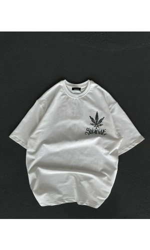 Unisex Bisiklet Yaka Baskılı Oversize T-Shirt - Beyaz