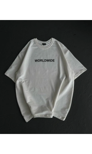 Unisex Bisiklet Yaka Baskılı Oversize T-Shirt - Beyaz