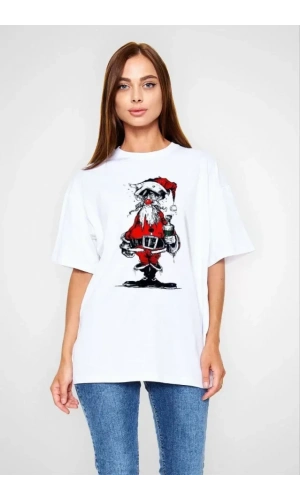 Unisex Bisiklet Yaka Baskılı Oversize T-Shirt - Beyaz